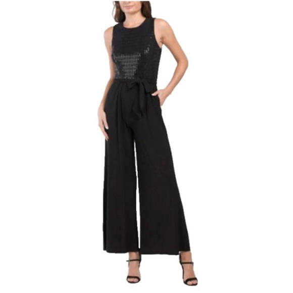 ANNE KLEIN BLACK JERSEY BELTED  EMBELLISHED WIDE LEG JUMPSUIT SIZE 8 - Picture 1 of 8
